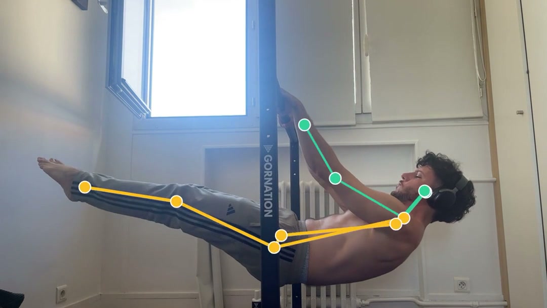 Front lever filmed from the side, sagging hips flagged in yellow