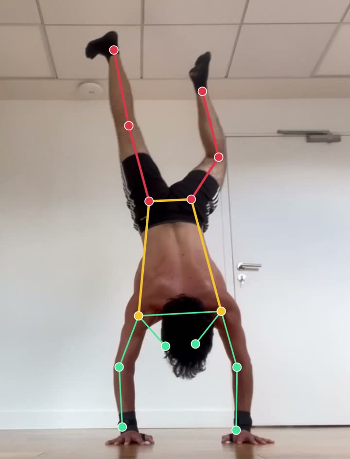 Freestanding handstand filmed from the front with the legs split apart and the knees flagged in red