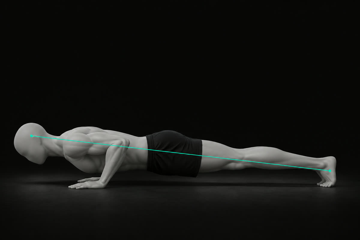 Illustration of a push-up at the bottom position with a straight line from head to heels