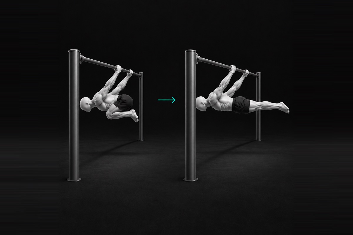 Zwei Back-Lever-Stufen an der Klimmzugstange: ein Tuck mit an die Brust gezogenen Knien, dann ein voller Back Lever mit gestreckten Beinen auf Schulterhöhe