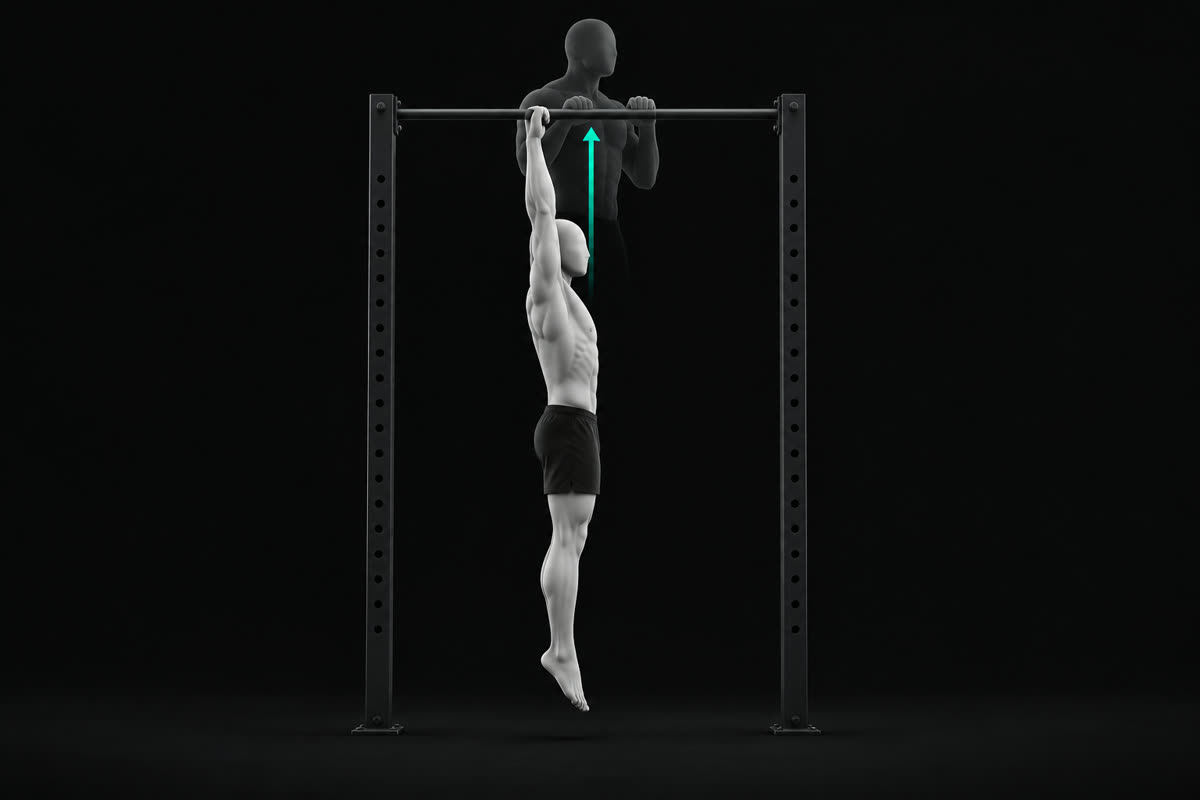 Illustration of an athlete in an active dead hang under a pull-up bar, with the top position shown as a ghost