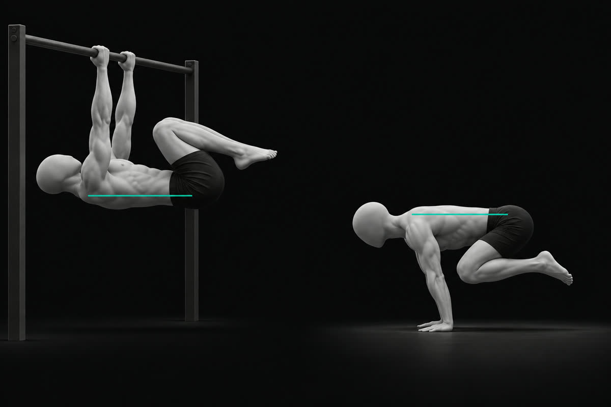 Illustration comparing a tuck front lever on a bar with a tuck planche on the floor