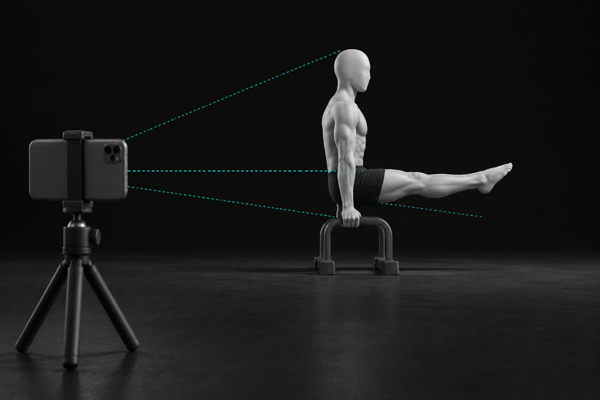 Illustration of a phone on a tripod at hip height filming an L-sit from the side, with the whole body in frame
