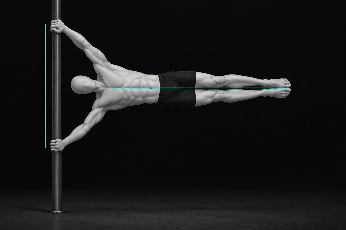 Illustration d'un full human flag sur un poteau vertical, vu de face, les deux bras tendus et le corps à l'horizontale des épaules aux pieds