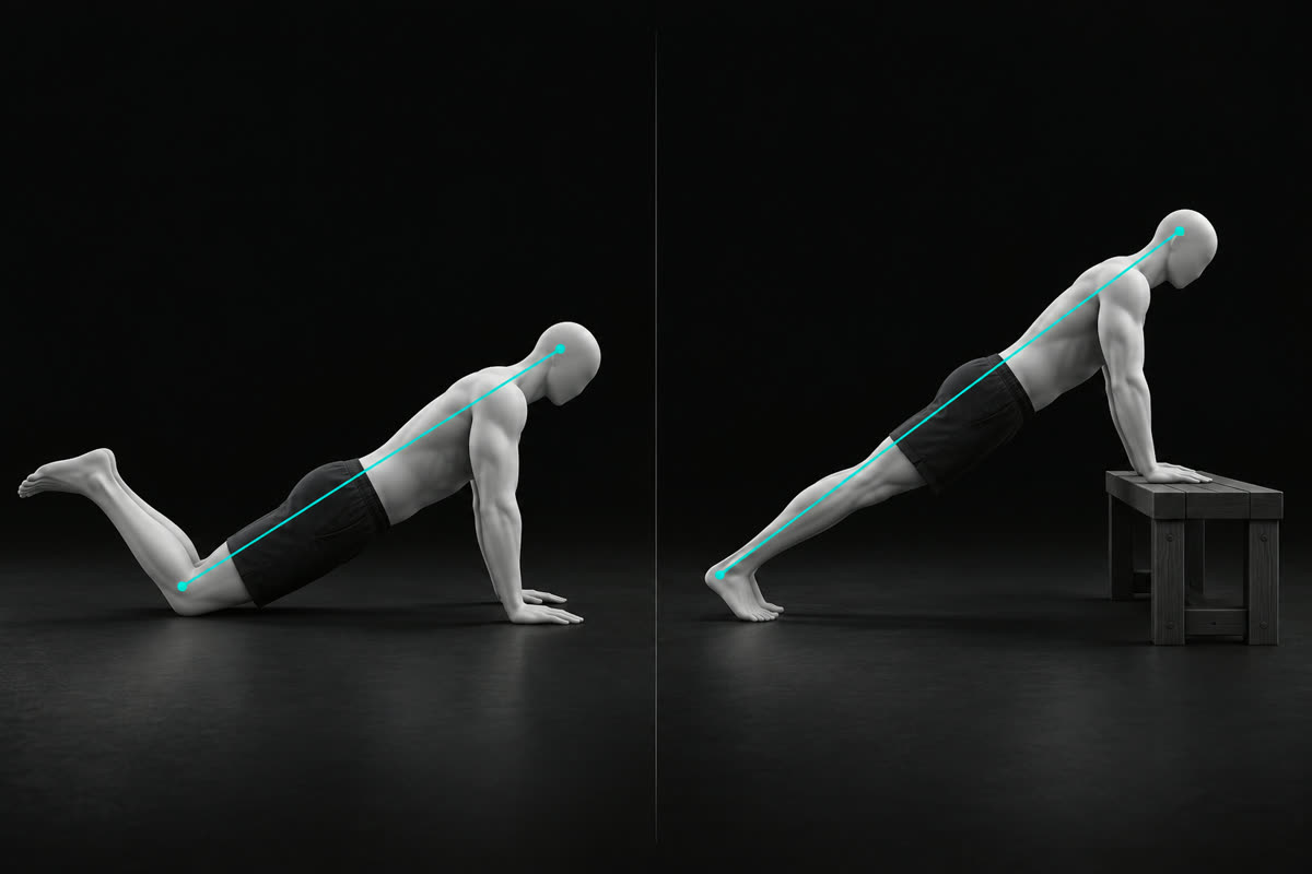 Illustration comparing a knee push-up on the floor with an incline push-up on a bench