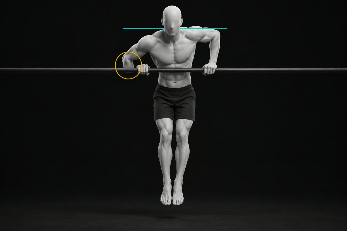 Illustration of a bar muscle-up seen from the front with one elbow lagging below the other