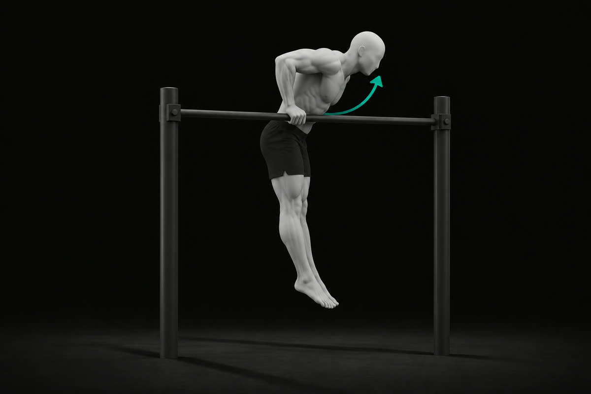 Illustration of an athlete leaning over the bar during a bar muscle-up transition, with an arrow showing the path over the bar