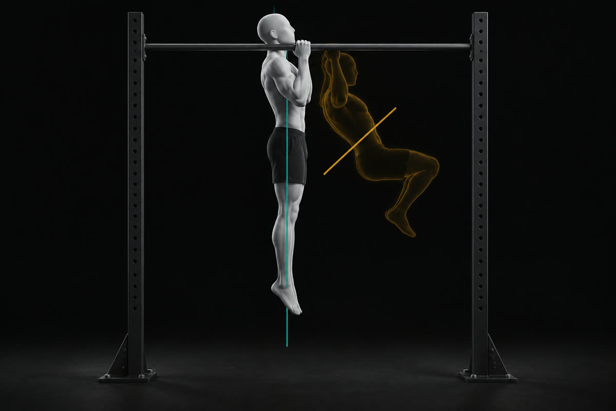 Illustration of a strict pull-up at the top next to a faded swinging version with bent knees