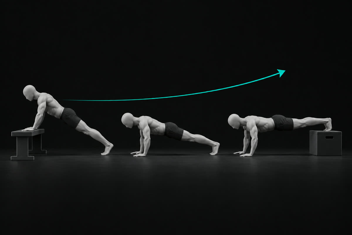 Illustration of three push-up variations from easiest to hardest: incline, standard and decline