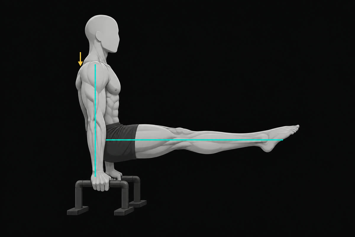 Illustration of an L-sit on parallettes with straight arms, horizontal legs and an arrow pushing the shoulders down