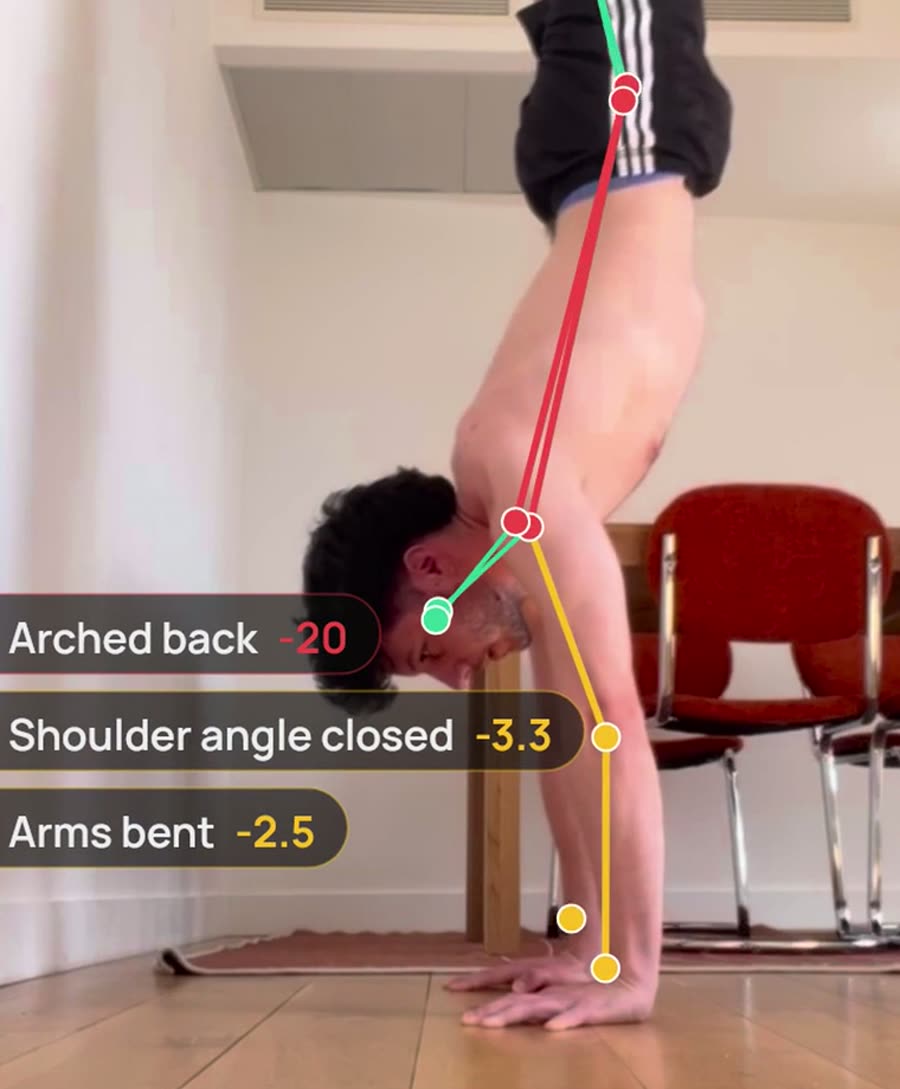 Freestanding handstand filmed from the side, arched back flagged in red